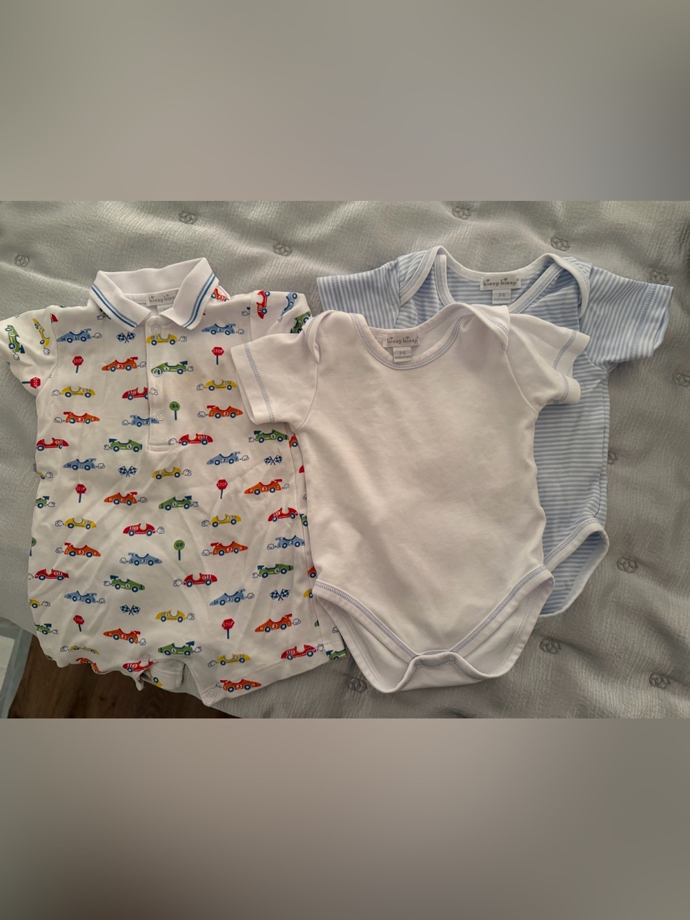 Kissy Kissy White, Light Blue & Multi Car-Print Baby One-Piece Trio